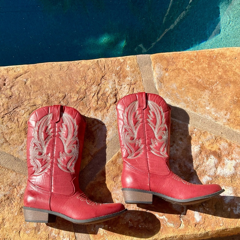 Vici Red Embroidered Heeled Boots - image 2